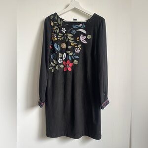 Desigual Sz 8 Embroidered Floral Black Mini Suede dress beads Whimsigoth sheer